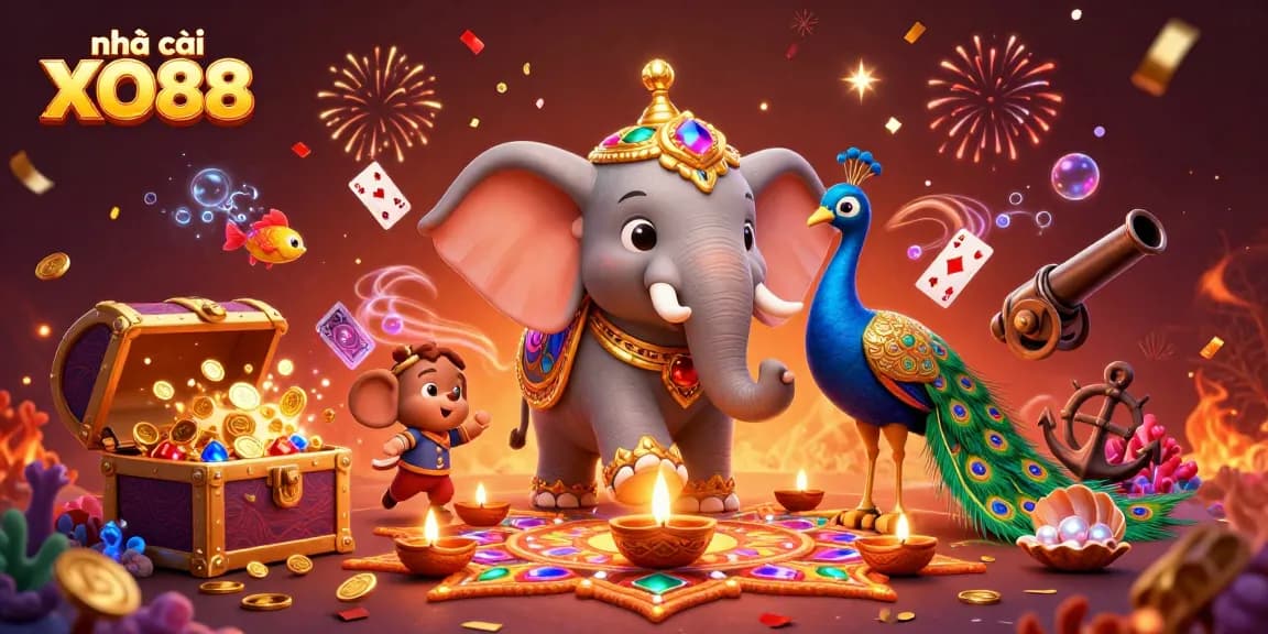 Experience the vibrant allure of nhà cái XO88 with a playfully rich 3D casino adventure illustration.
