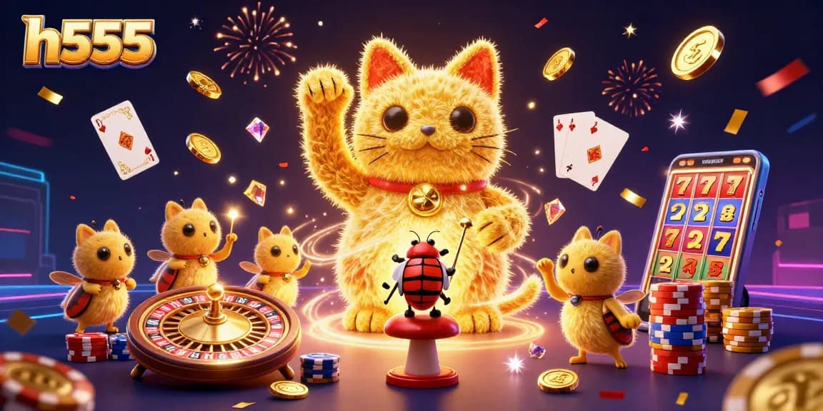 H555 showcases a vibrant 3D lucky cat formed by fireflies amidst casino symbols, enhancing online betting excitement.