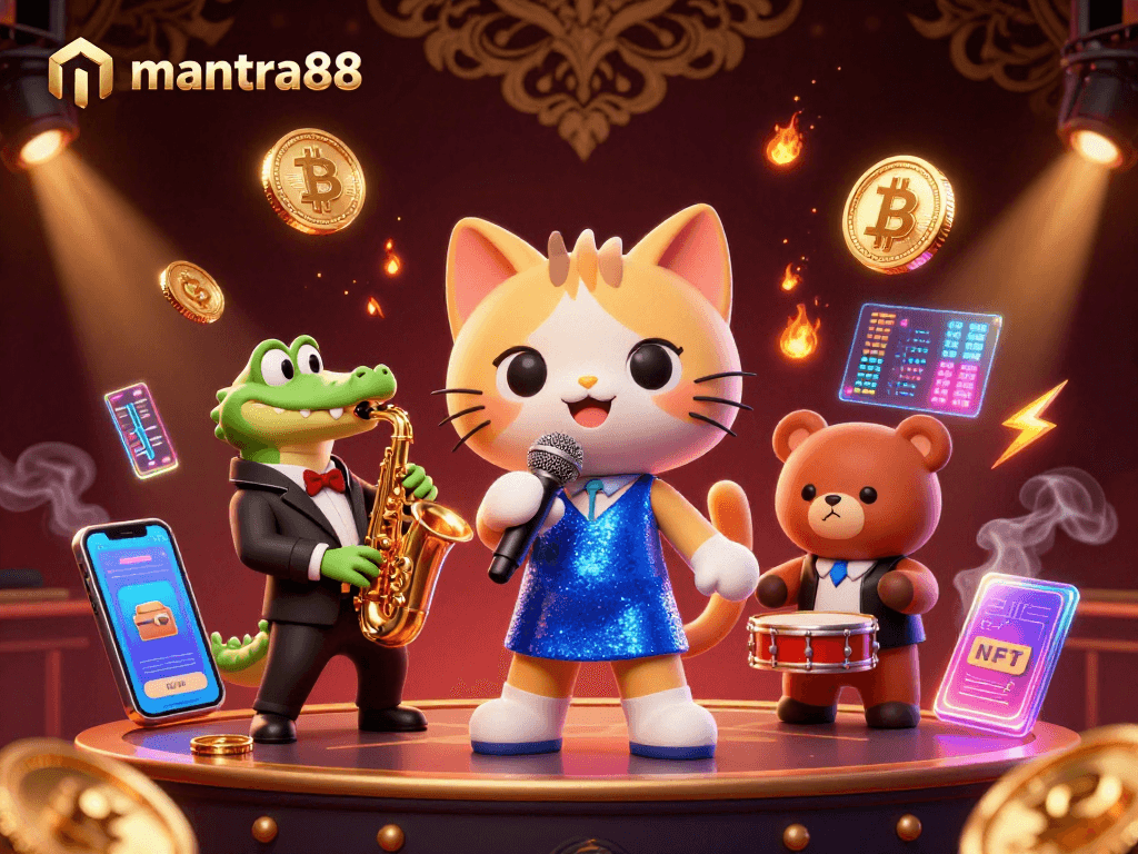 The vibrant mantra88 promotional illustration showcases a jazz-singer cat, saxophone crocodile, and drum-playing bear, immersed in a lively casino setting.
