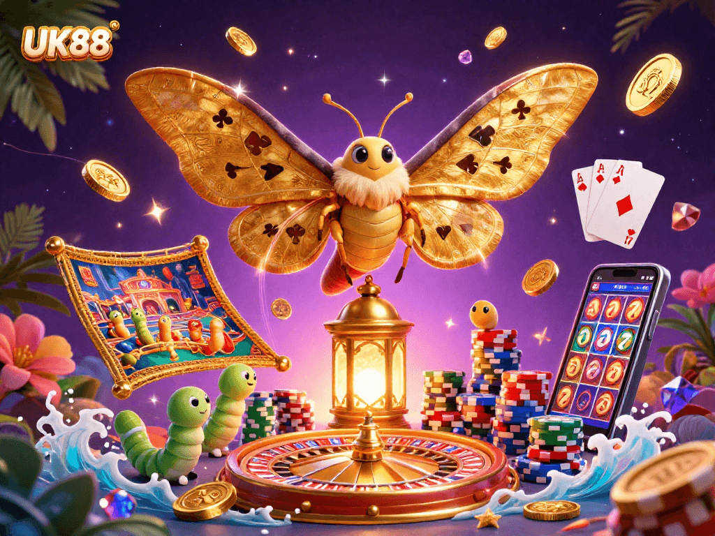 Experience thrilling gameplay at UK88 with a dynamic casino illustration featuring a majestic atlas moth.