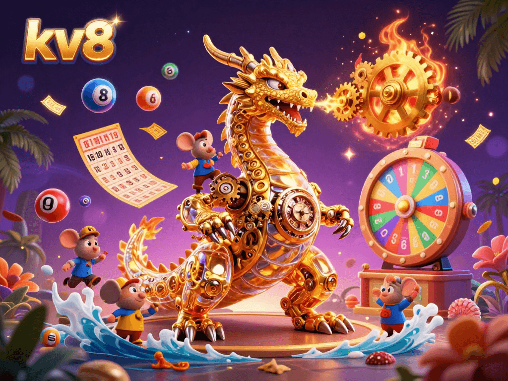 Engage with kv8 as colorful lottery balls and a golden dragon animate a thrilling drawing scene.