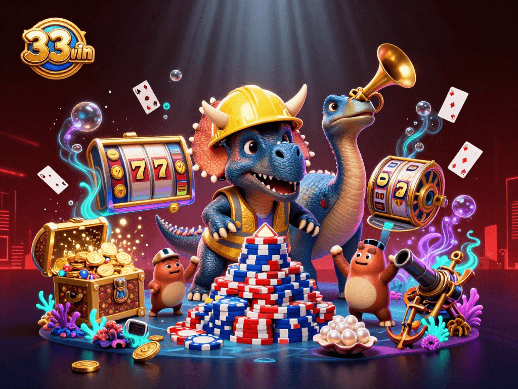 33win showcases a vibrant 3D scene of fun casino action with dinosaur characters celebrating big wins.