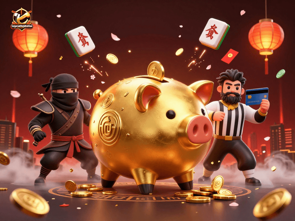 Win big with caycanhphattai's exciting gameplay featuring a dynamic scene of a golden piggy bank sumo wrestler.