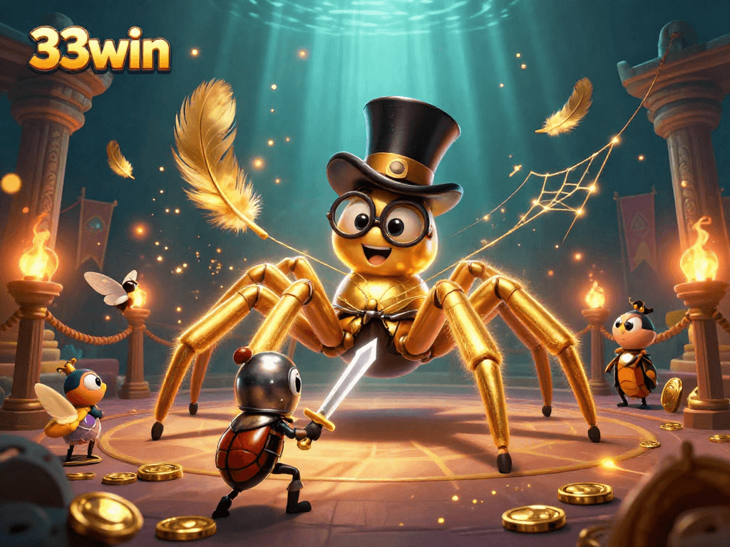 Engage in thrilling gameplay at 33win with a vibrant scene featuring a golden tarantula and beetle knight.