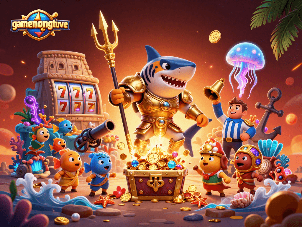 Join the action with gamenongtraivuive's exciting underwater casino featuring a gladiator shark!