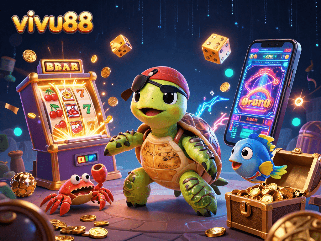Experience thrilling gameplay at vivu88 with a vibrant 3D casino adventure illustration filled with excitement.
