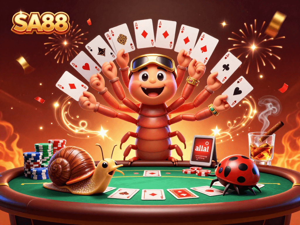 SA88 engages players at a vibrant poker table with a joyous dealer and rich poker chips.