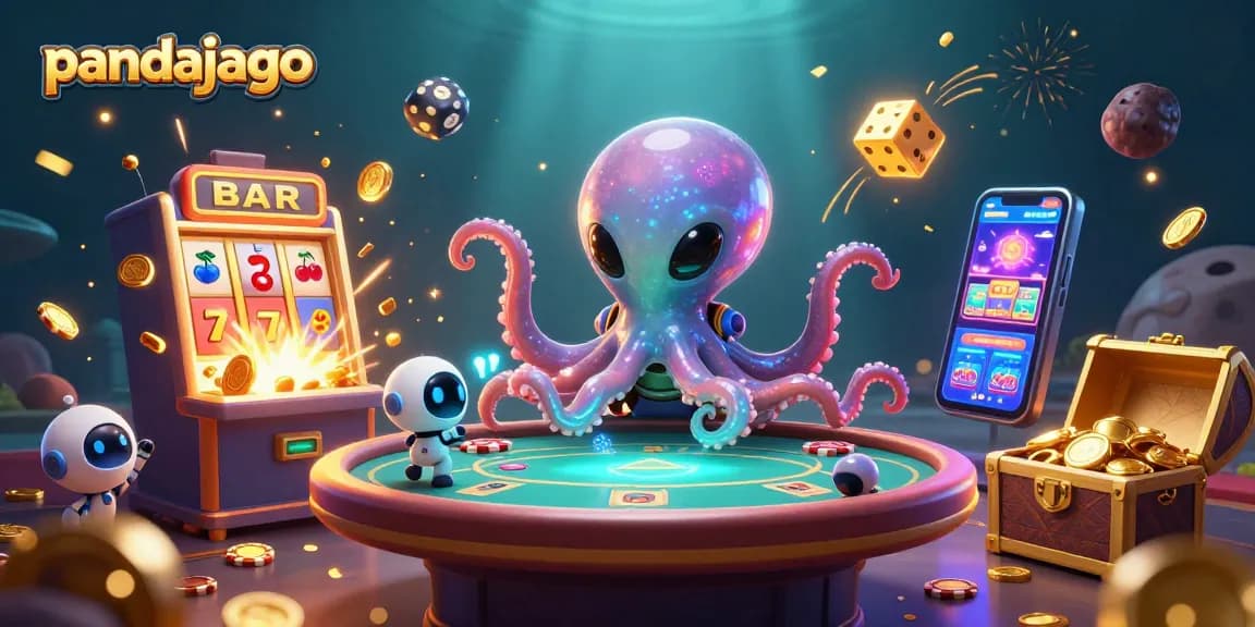 Mainkan pandajago dengan alien kartun dan robot sambil mencoba peruntungan di meja poker.