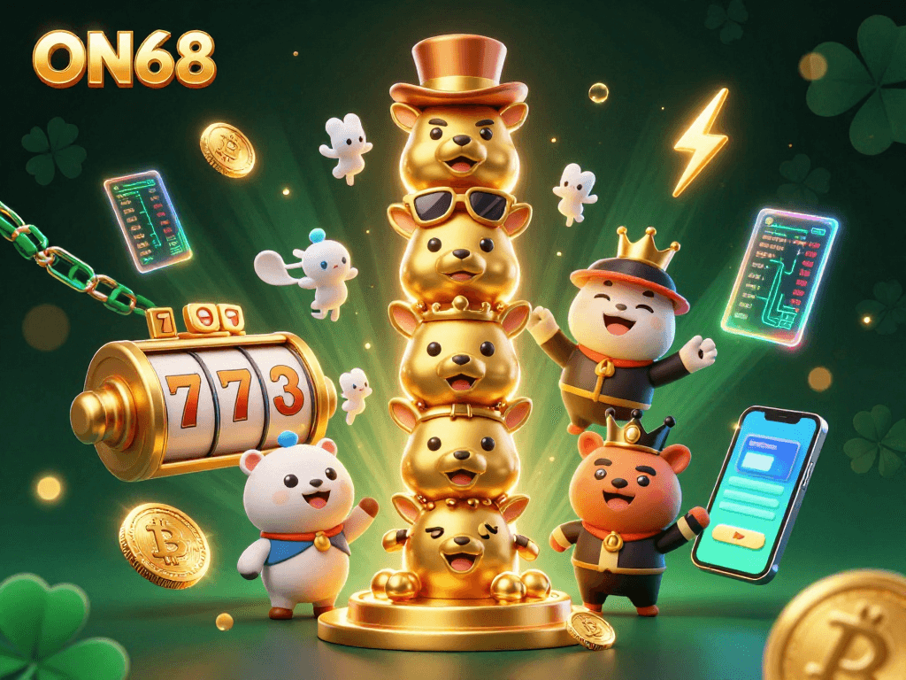 Experience the excitement of ON68 casino with vibrant characters and crypto elements in this dazzling gaming scene.