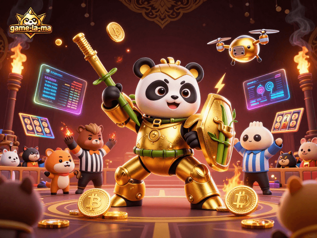 Experience the excitement at game-la-ma with an action-packed 3D casino scene featuring a mech-suit golden panda.