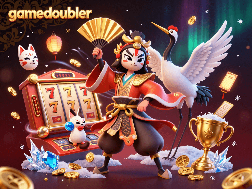 gamedoubler showcases a lively casino scene with kabuki characters, slot reels, and dynamic gaming elements.