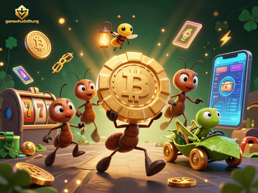Team of ants carrying a massive poker chip in a casino heist scene, gamenohudoithuong illustrates jackpot fun.