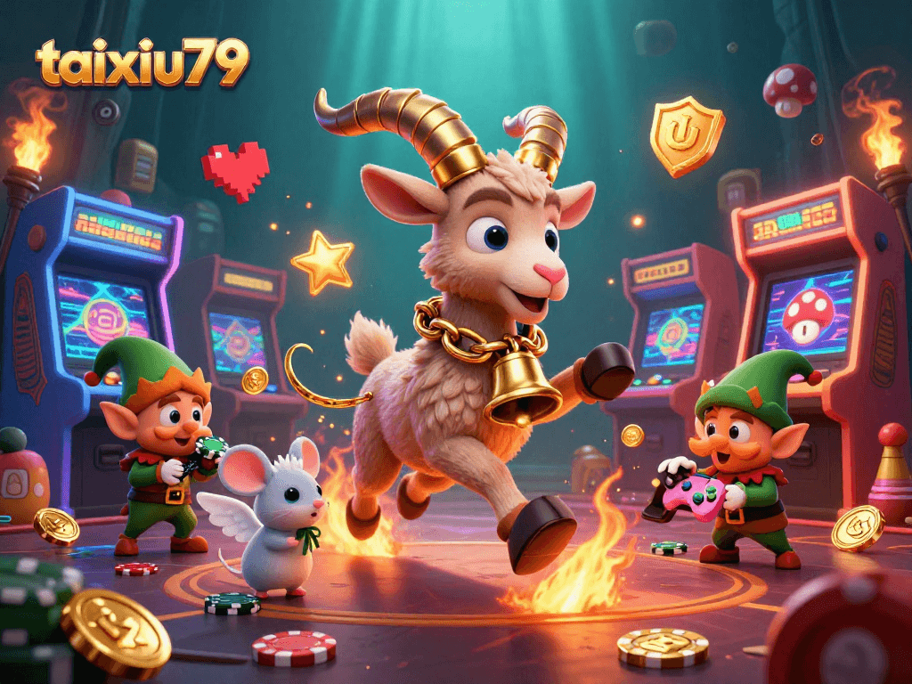 Engage with taixiu79 in a festive 3D casino scene featuring Krampus, an angel mouse, and mischievous gremlins.