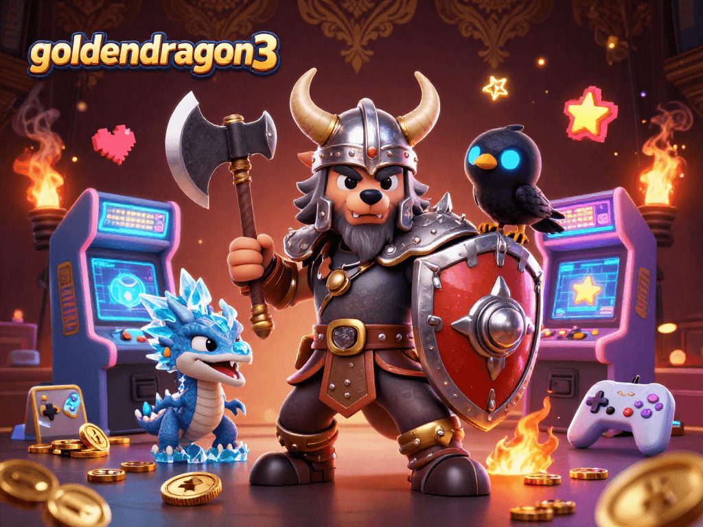 Experience the excitement of goldendragon3 with dynamic characters and colorful casino elements in this 3D illustration.
