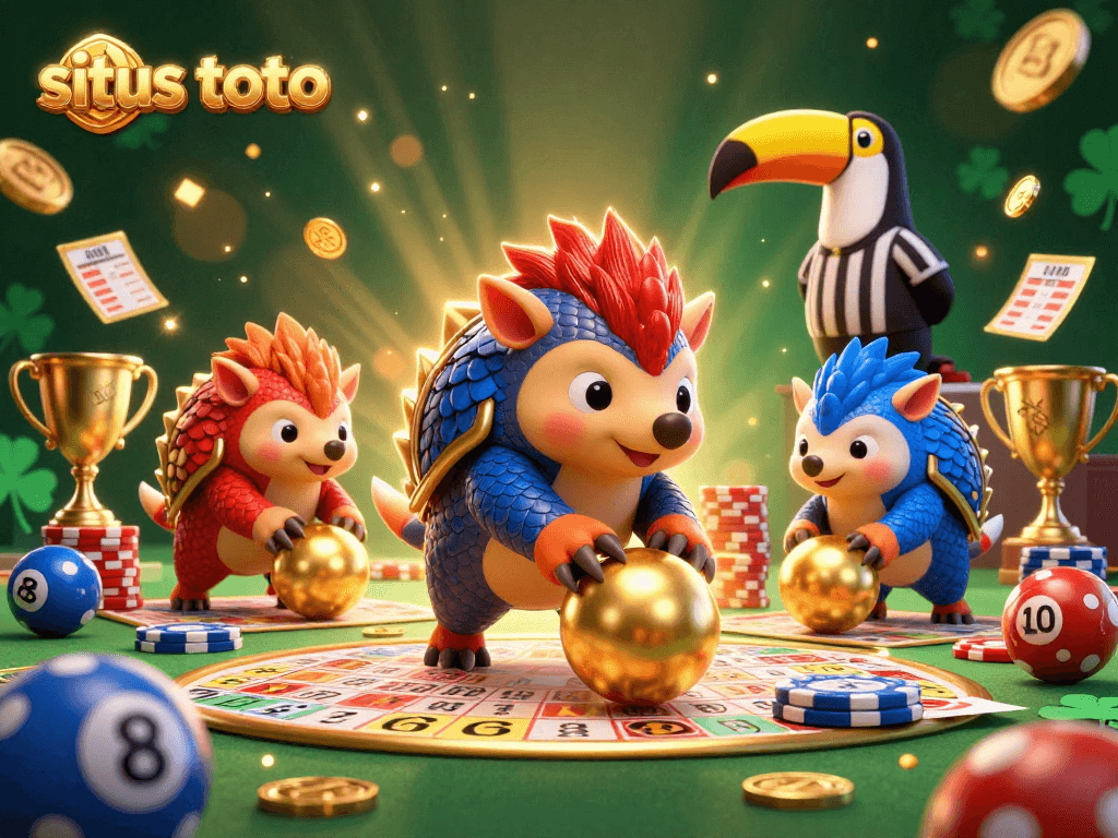 The dynamic scene showcases the situs toto gaming action, featuring rival pangolins rolling into golden balls amid colorful gambling elements.