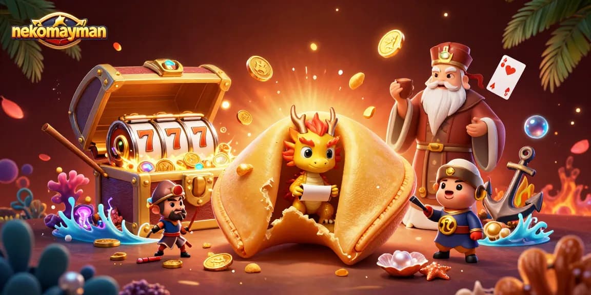 Engage with nekomayman as a golden fortune cookie reveals treasures in a vibrant casino scene.