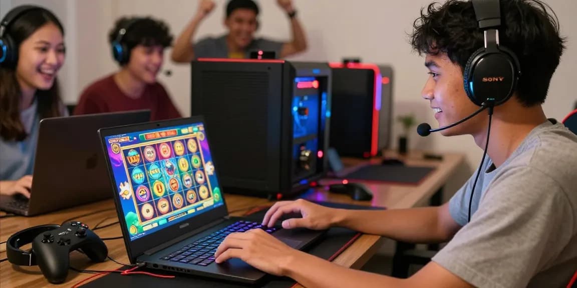 Bolaslot99: Pemuda Indonesia menikmati permainan slot online dengan teman-teman dalam suasana ceria.