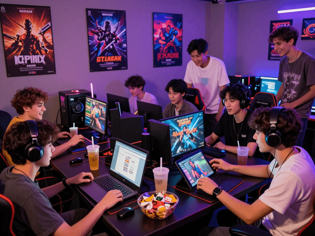 Exciting group playing porn games online in a vibrant gaming lounge.