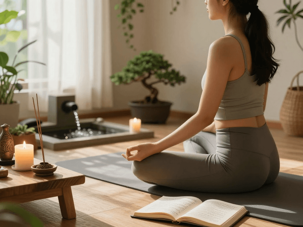 Meditation practice scene highlighting mantra88 in a calming environment with candles, plants, and natural light.