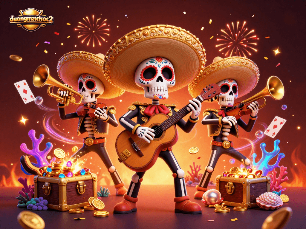 Experience thrilling gameplay in duongmatchuoc2 with a vibrant mariachi band surrounded by treasure and casino elements.