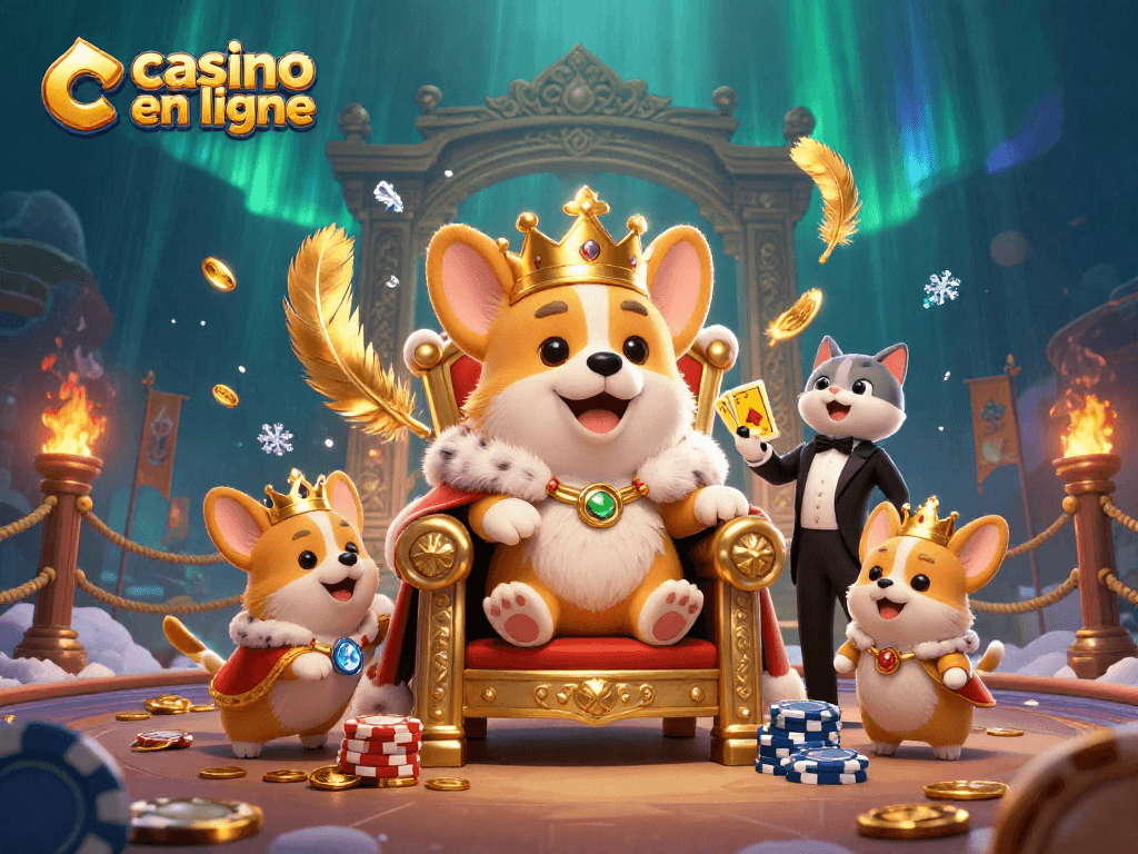 Les jeux de casino en ligne prennent vie avec des corgis royaux entourés de jetons et de cartes dorées.