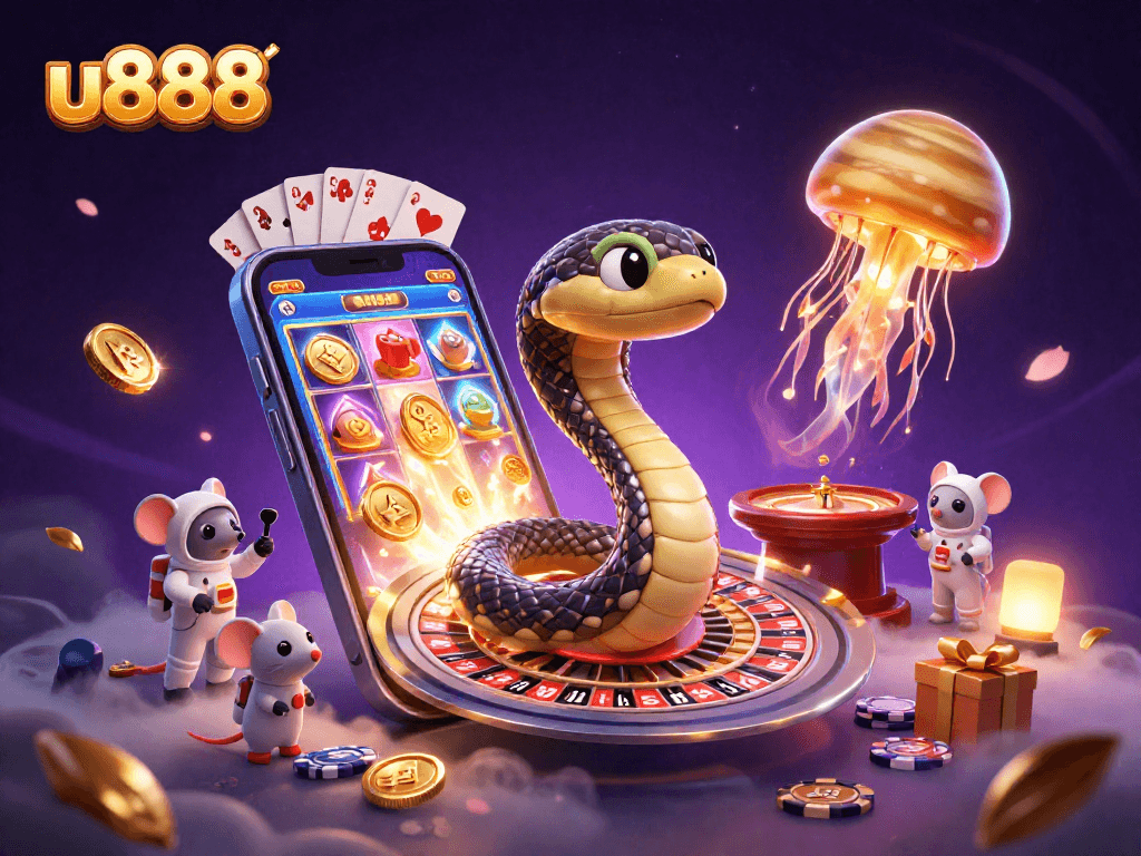 Experience thrilling wins at u888 with a vibrant, cosmic casino scene filled with games and excitement.
