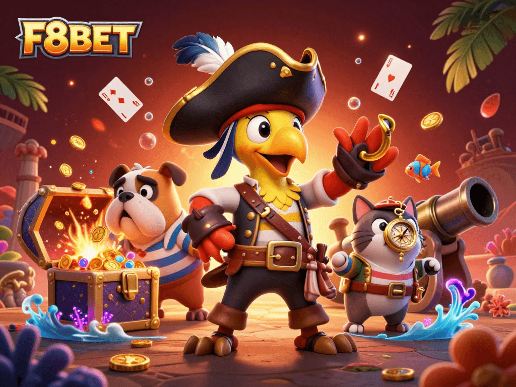 Engage in thrilling gameplay at F8BET with a pirate captain, treasure, and colorful cards.