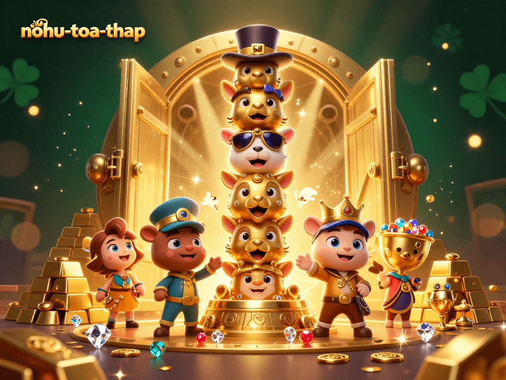 Nohu-toa-thap reveals golden treasures and 3D animal totem characters in a vibrant casino scene.