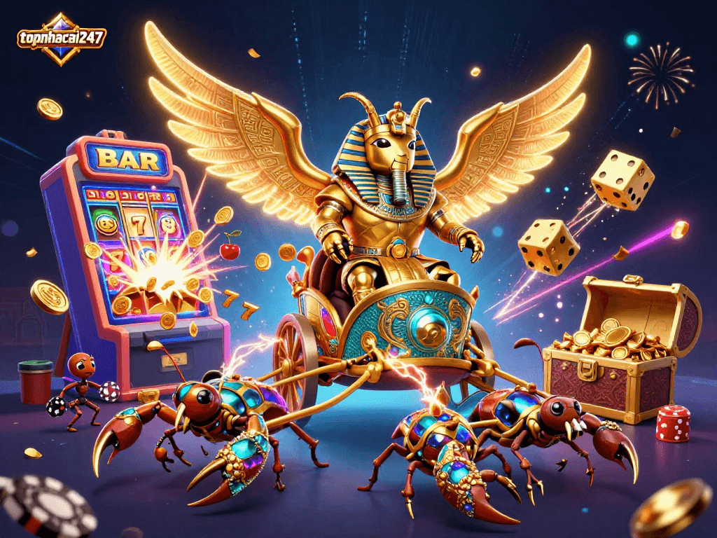 Engage with topnhacai247's exciting casino experience featuring a colossal golden scarab in armor amidst vibrant gaming elements.