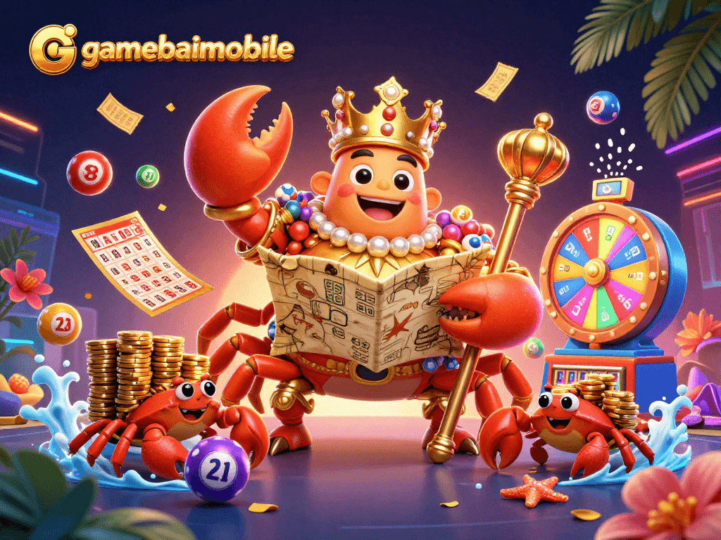 Engage with gamebaimobile's thrilling lottery scene featuring a golden crab emperor among vibrant game elements.