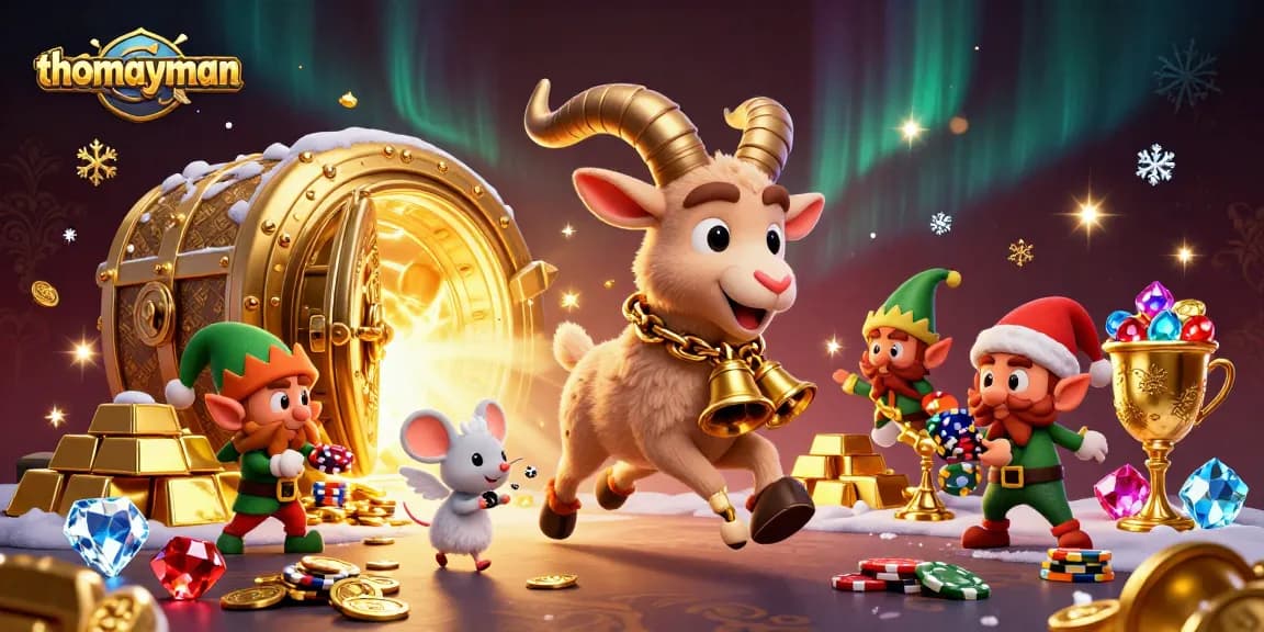 Experience thrilling wins with thomayman in this dynamic holiday-casino illustration featuring whimsical characters.