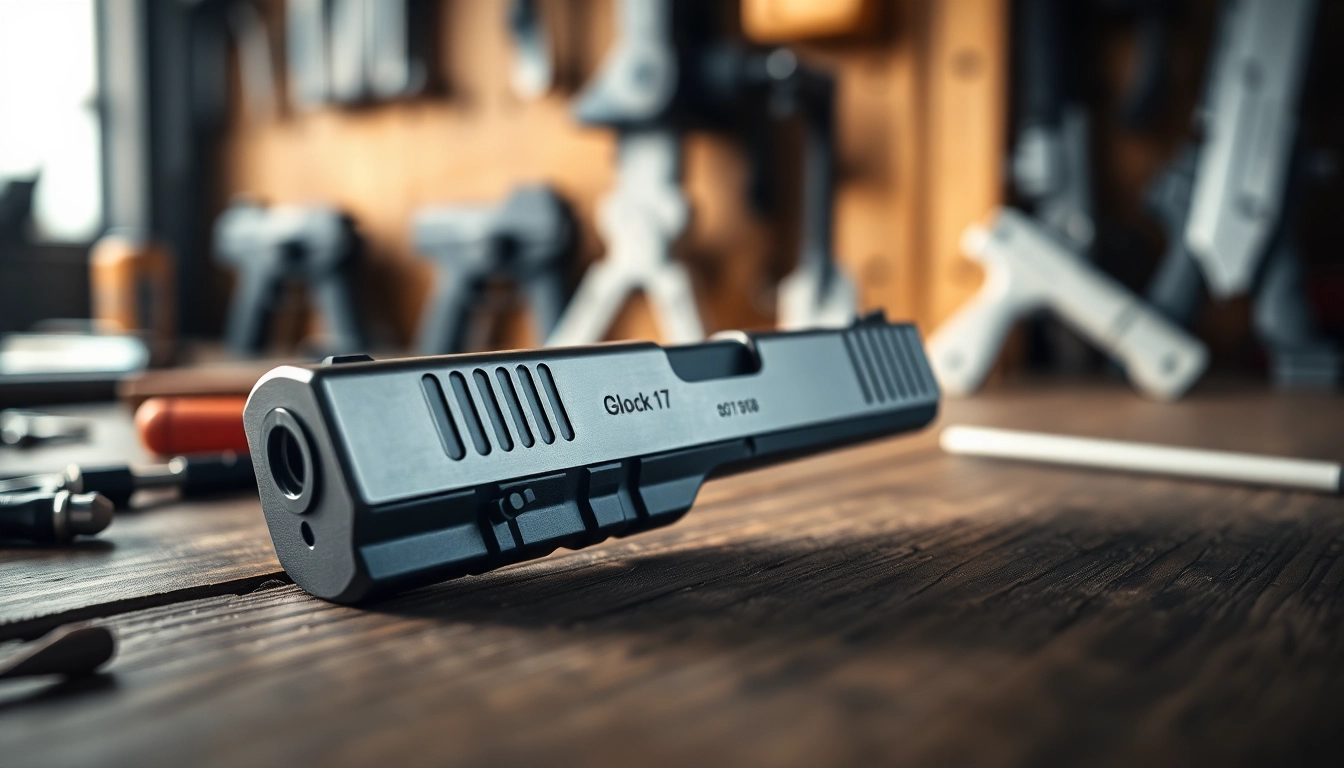 Showcasing a glock 17 slide for sale with intricate details in a professional workshop setting.