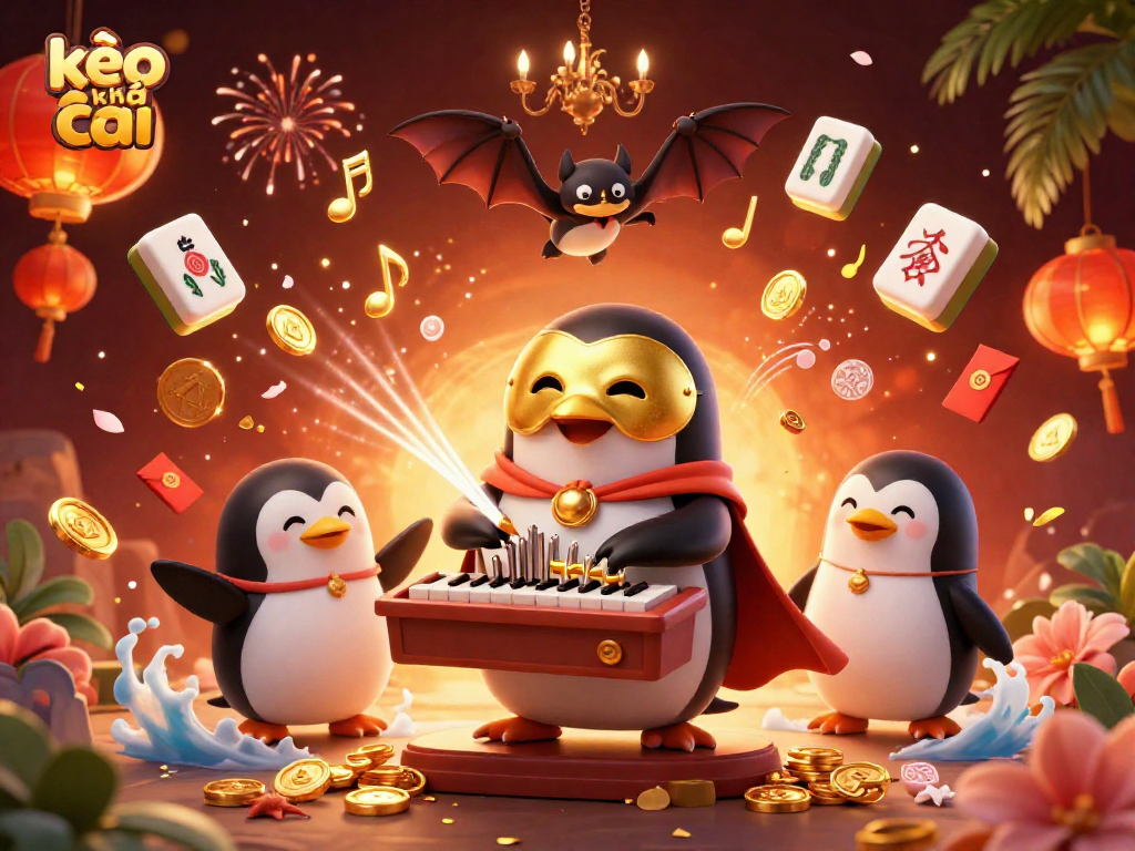 Experience kèo nhà cái excitement with a whimsical 3D penguin organist in a golden casino scene.