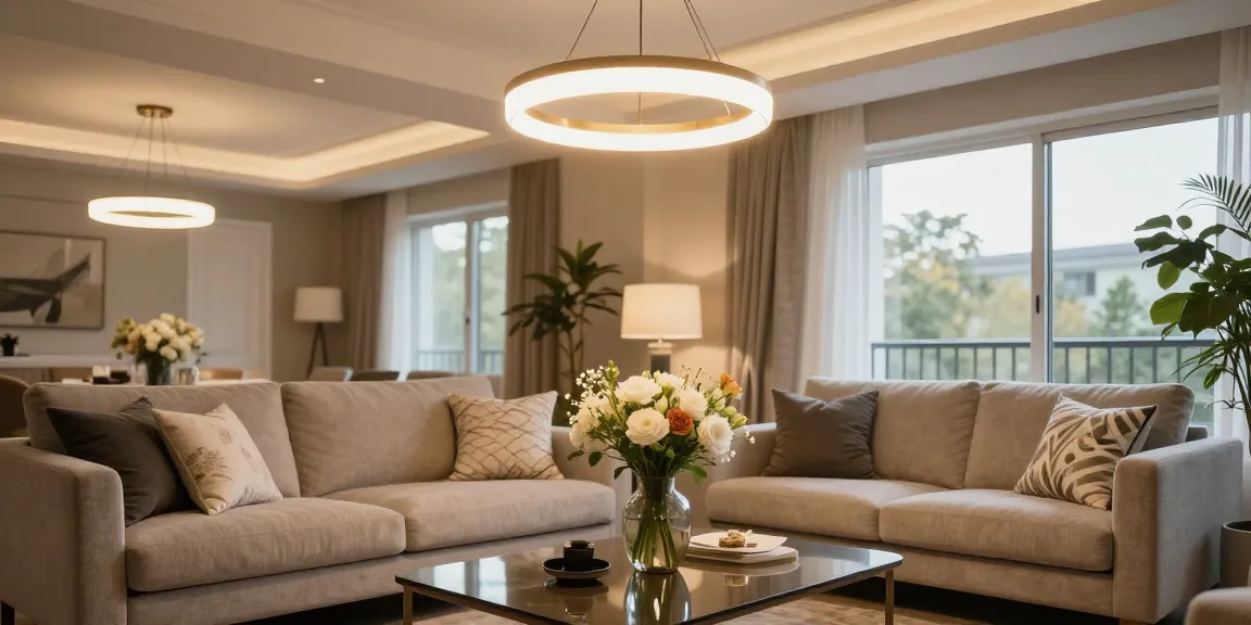 Lustra living modernă suspendată în cameră elegantă, iluminat cald
