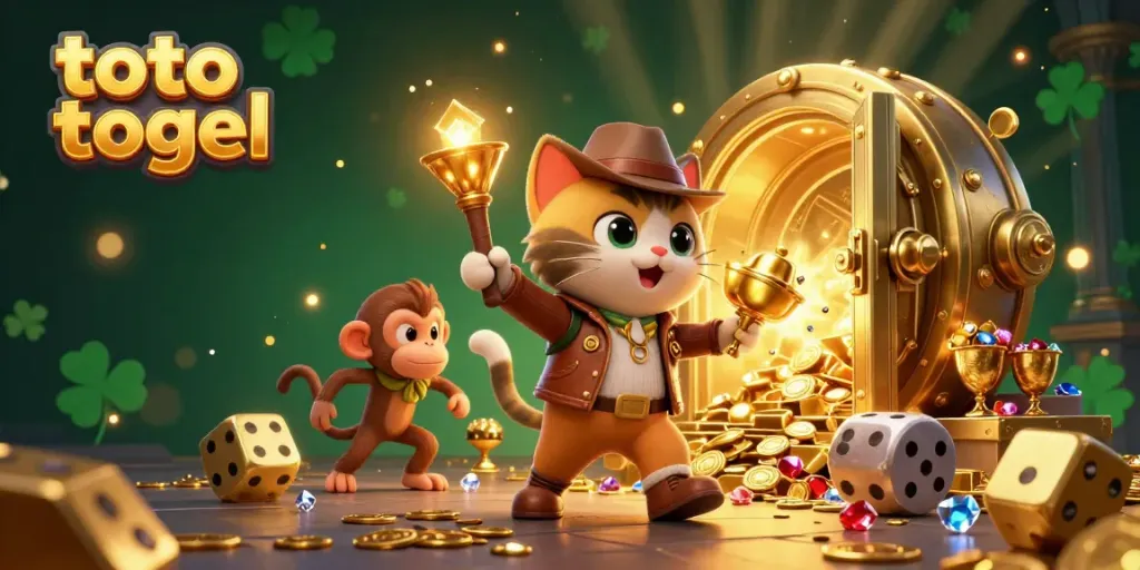 Experience the thrill of toto togel with a 3D explorer cat uncovering treasures in a vibrant casino scene.