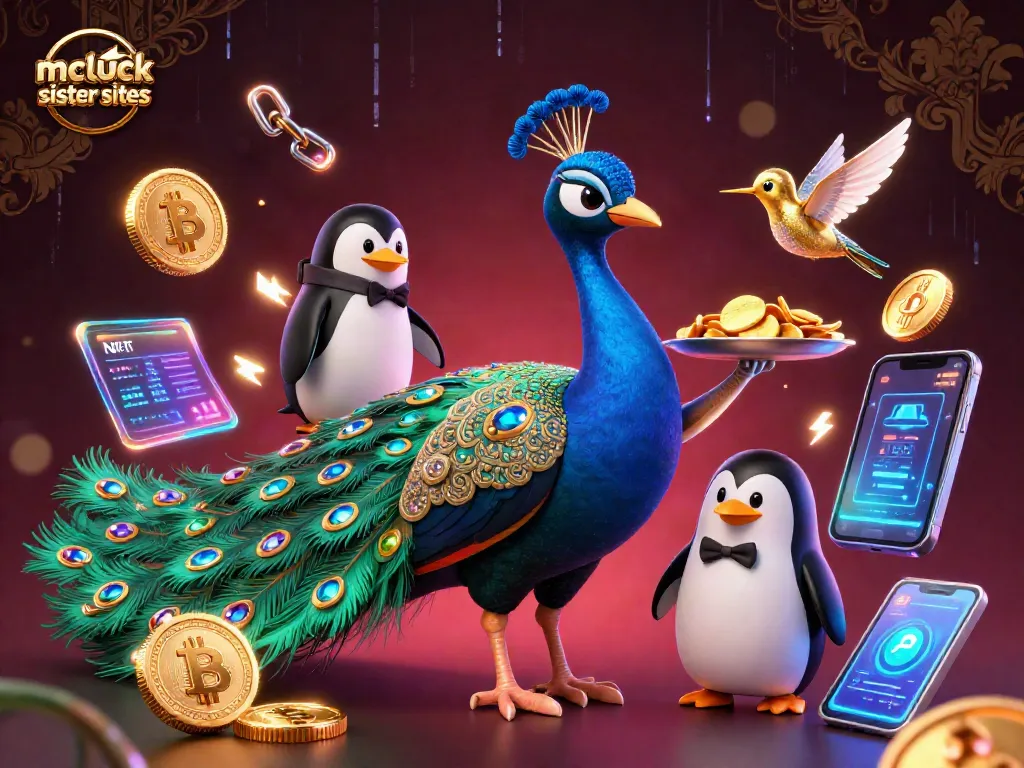 Experience top mcluck sister sites gaming with vibrant 3D illustration of peacock, penguin, and hummingbird.