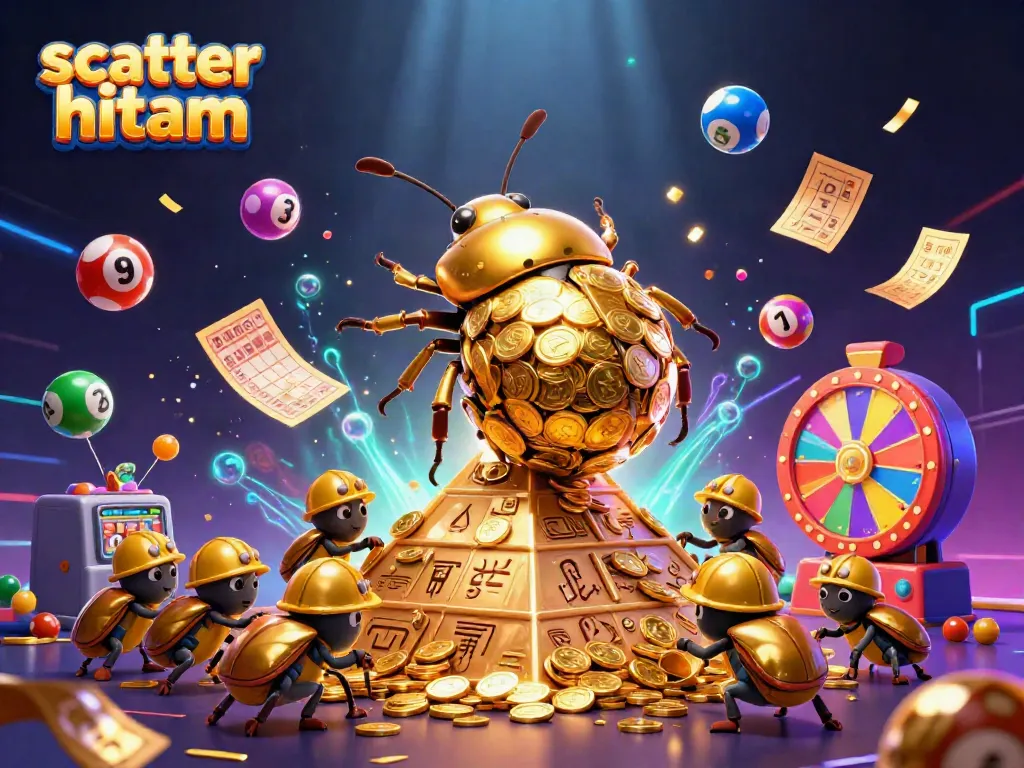 Engage with scatter hitam in a vibrant 3D casino illustration featuring golden beetles and lottery elements.