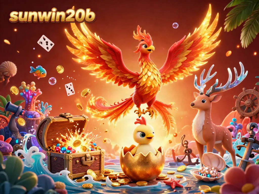 Experience thrilling gameplay with the sunwin20b phoenix soaring over a treasure-filled underwater scene.
