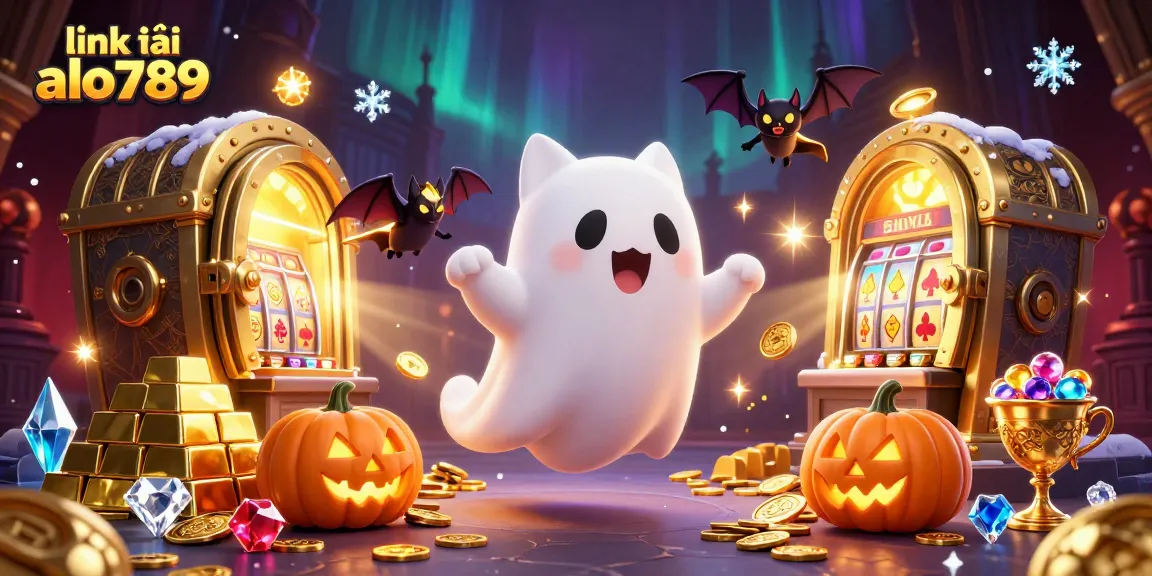 Experience thrilling action with link vào alo789 as you join a ghost cat and bat in a haunted casino scene.
