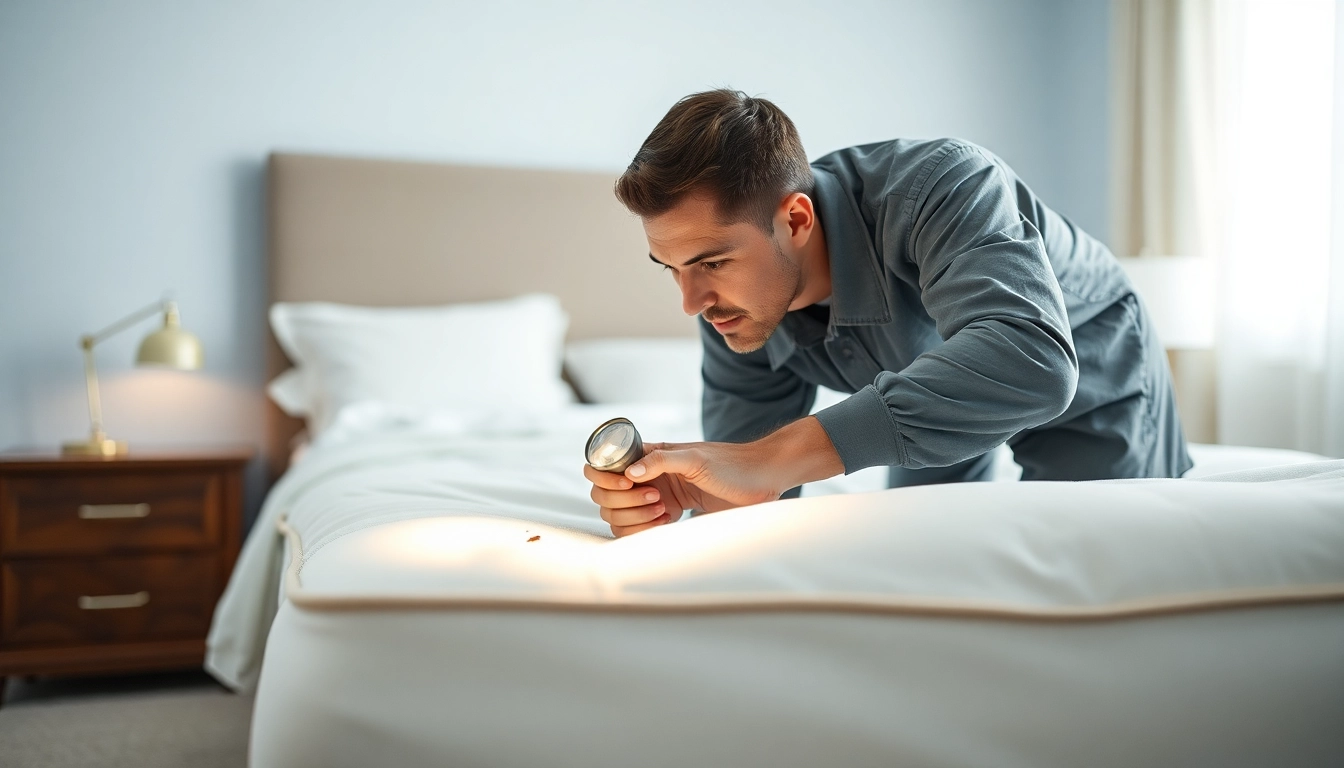 Inspecting mattress during bed bug treatment in a clean bedroom setup.