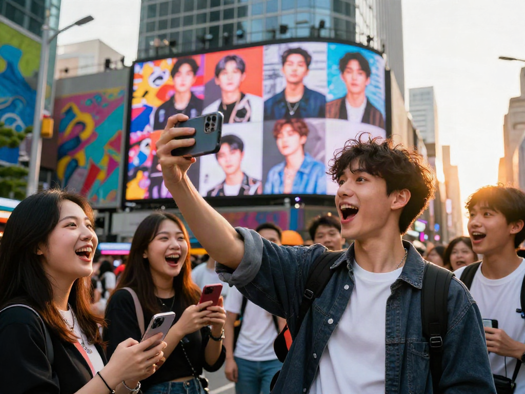 Young person discovering their celebrity look alike among friends in urban setting.