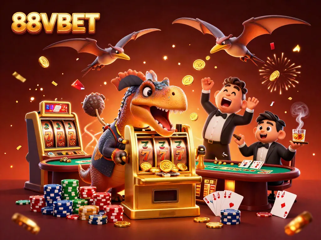 Experience excitement with 88VBET as a cartoon pachycephalosaurus wins jackpots while a casino manager and pteranodon celebrate.