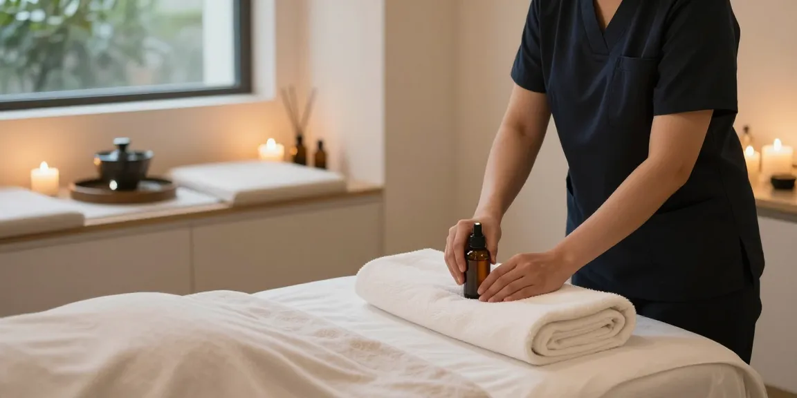 부천출장안마 service with a therapist preparing a serene massage room for relaxation.