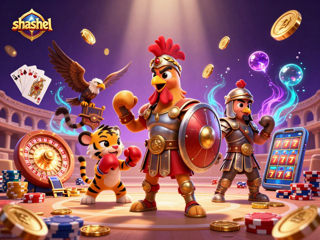 Experience thrilling gaming with Shashel's exciting rooster and sparring cub in vibrant casino action