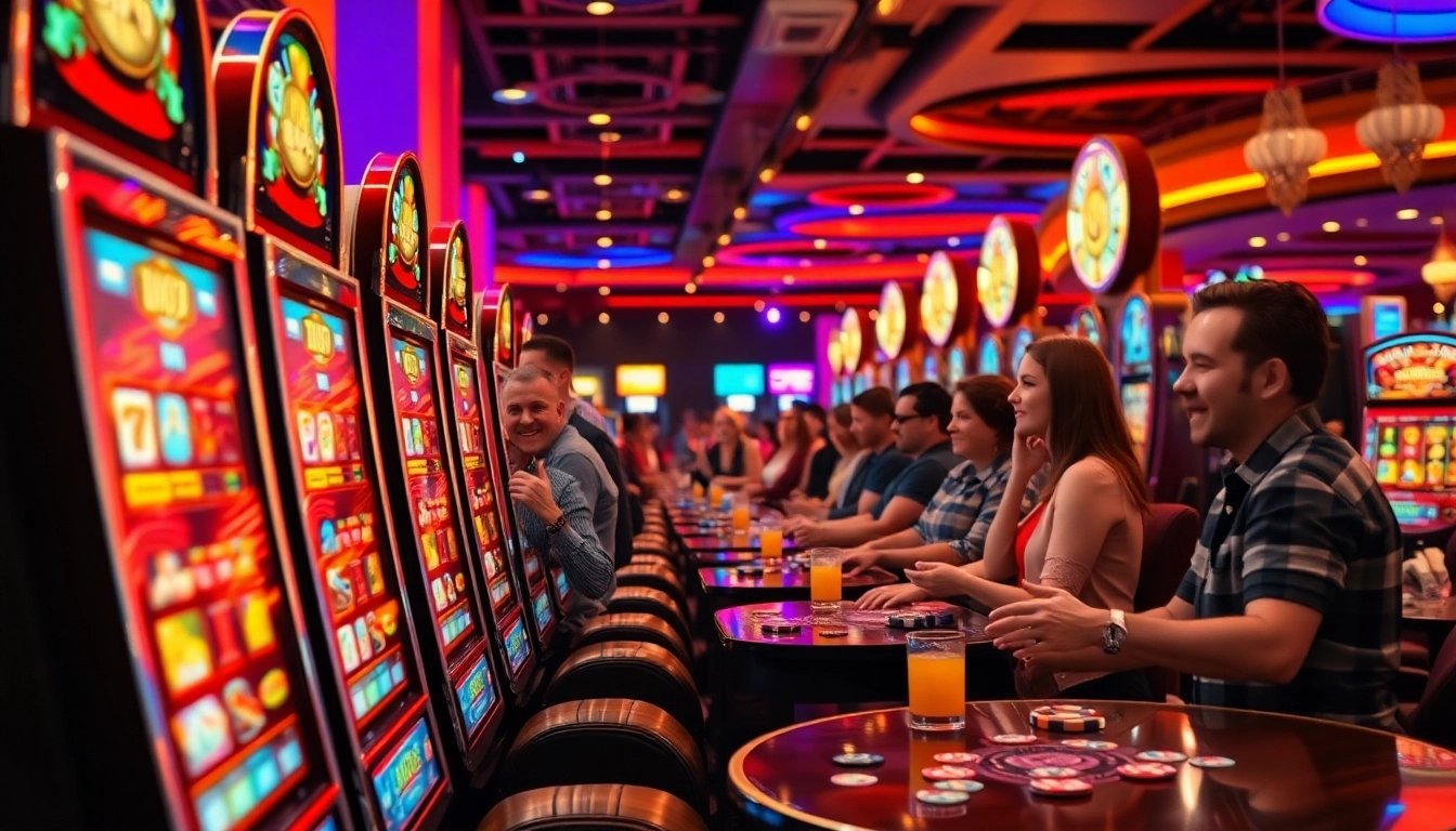Engaging slot gambling scene showcasing vibrant machines and happy players in a lively casino.