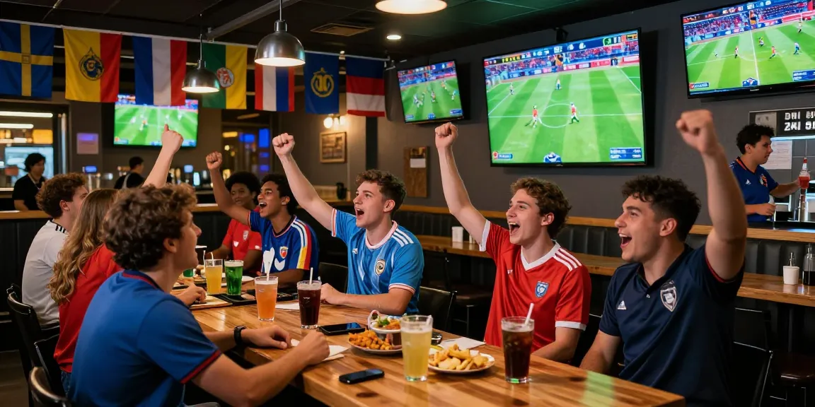Exciting scene of friends enjoying kora live football matches at a vibrant sports bar, with drinks and cheers.