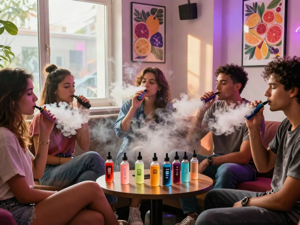 Friends enjoying alternativ vape juice in a stylish vape lounge, surrounded by colorful e-liquids.