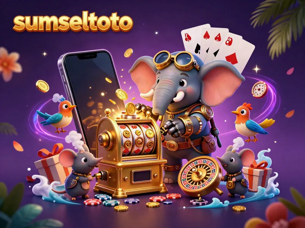 Spin lucky reels with sumseltoto's vibrant steampunk slot machine illustration, featuring golden coins and gaming elements.