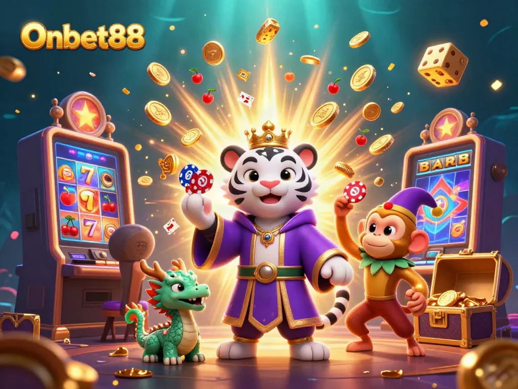 Experience thrilling moments at Onbet88 with a white tiger, monkey, and jackpot excitement.