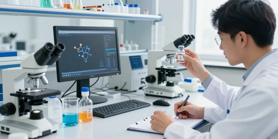 Klow 80mg peptide blend being analyzed in a modern research laboratory.